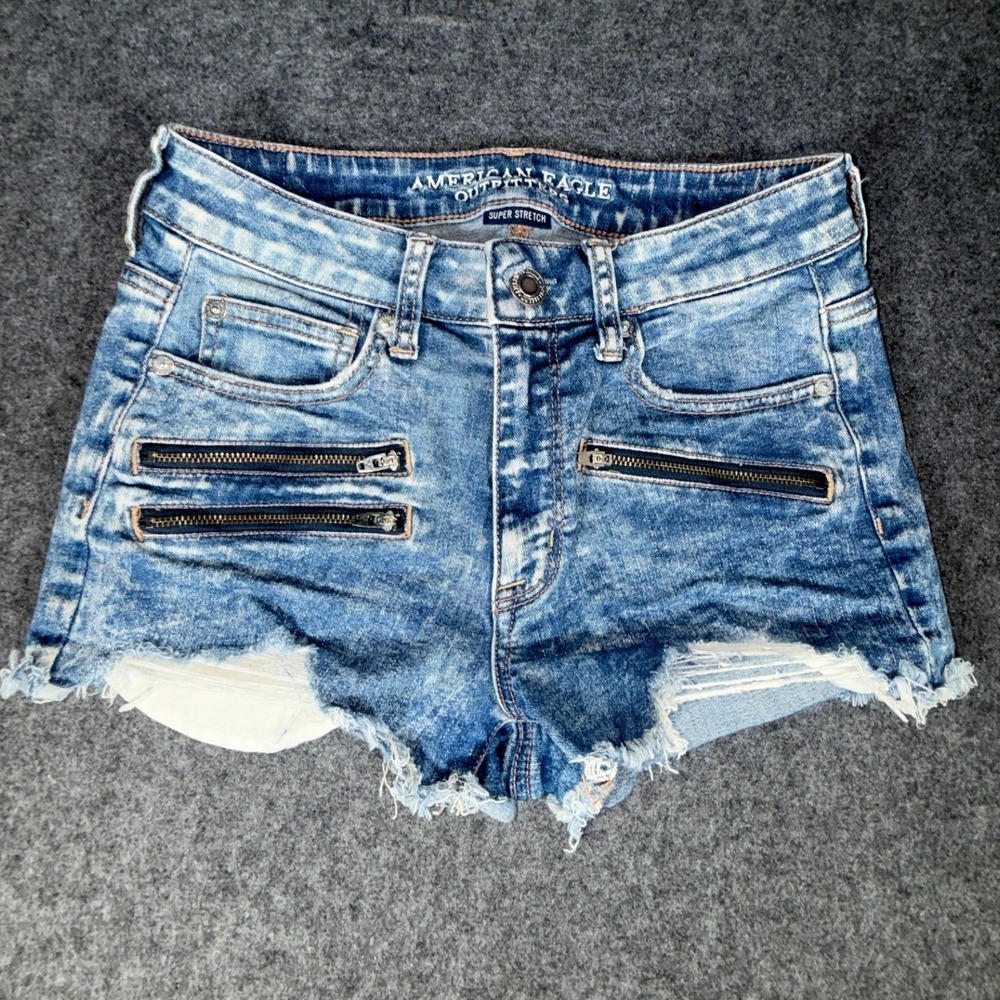 American Eagle Hi-Rise Shortie Blue Acid Wash Distressed Zipper Denim Shorts 6